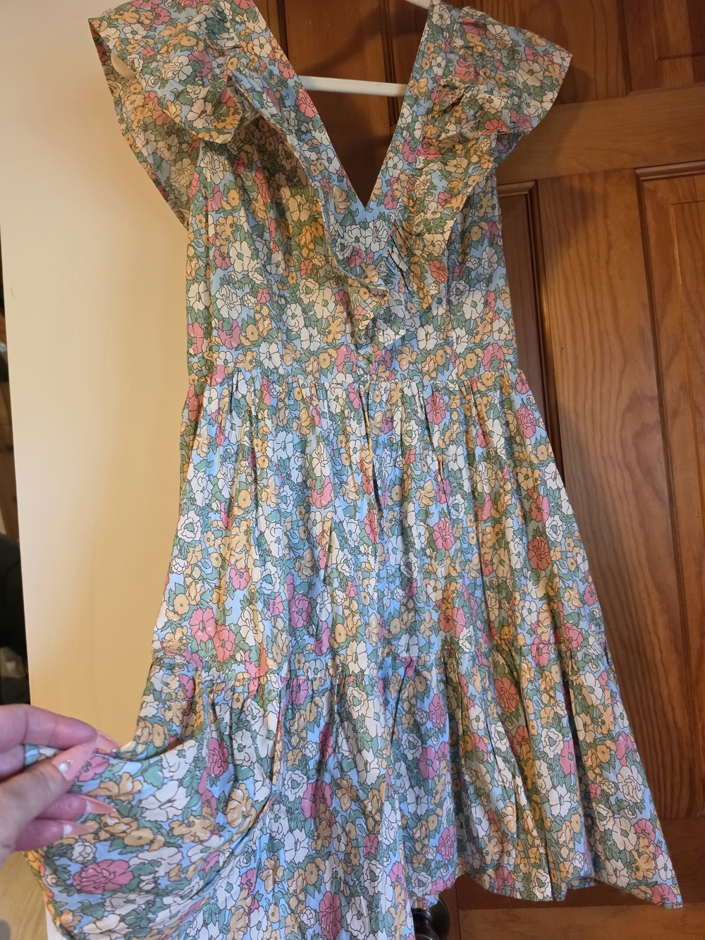 entro Ruffle V-Neck Mini Dress in Pink, Yellow & Green Floral